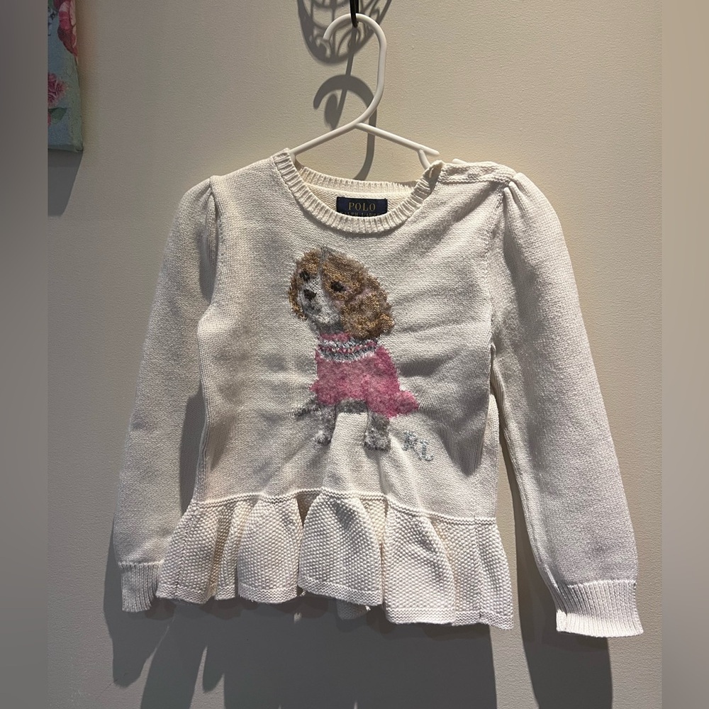 Polo by Ralph Lauren White Sweater with Pink Dog Motif